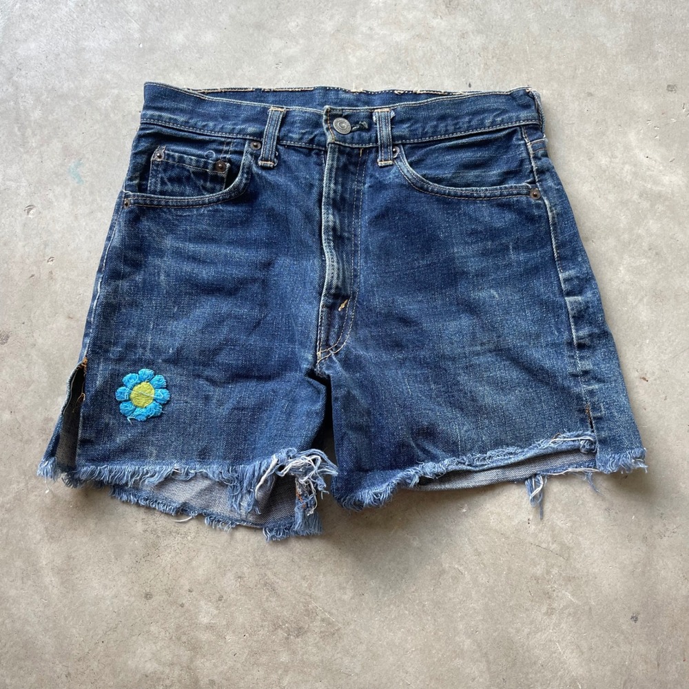 Vintage Levis Big E Selvedge Denim Cutoff Shorts Dark Wash Flower 27 Waist